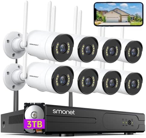 [זרקור, אודיו דו כיווני] Smonet 2K WiFi מערכת מצלמות אבטחה, כונן קשיח 3TB, 8C